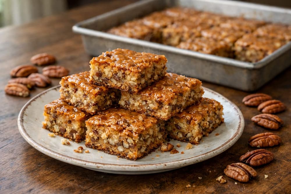 Squares of chewy pecan bread with a crackled top stacked on a plate, the baking pan and pecan halves behind