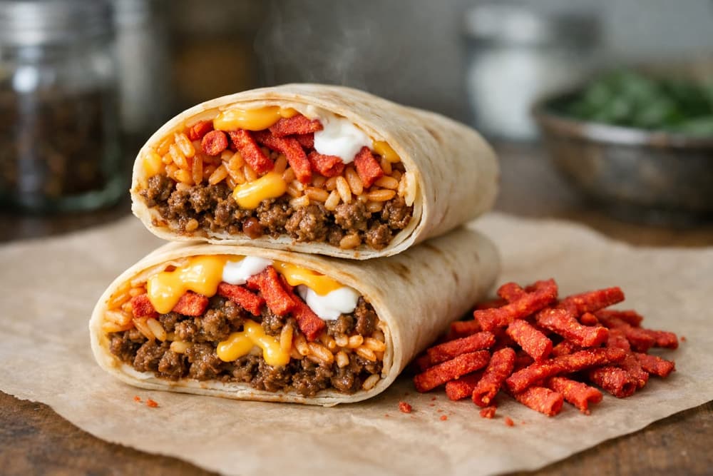 A burrito cut in half, filled with seasoned beef, orange rice, nacho cheese sauce, sour cream and red corn chip strips