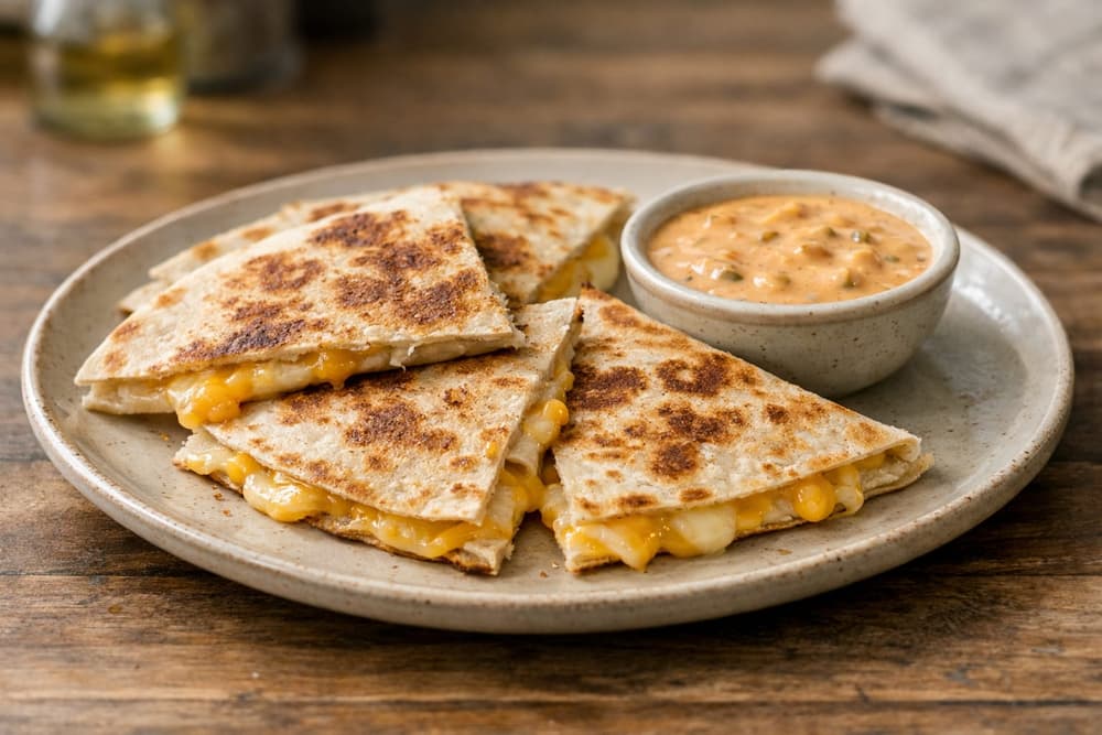 A cheese quesadilla cut into four toasted wedges with melted cheese at the edges, a bowl of creamy jalapeño sauce beside it