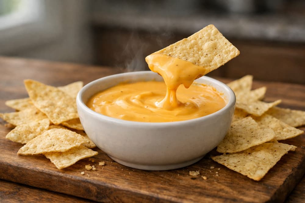 A bowl of smooth orange nacho cheese sauce with a tortilla chip being dipped in, tortilla chips around it on a board