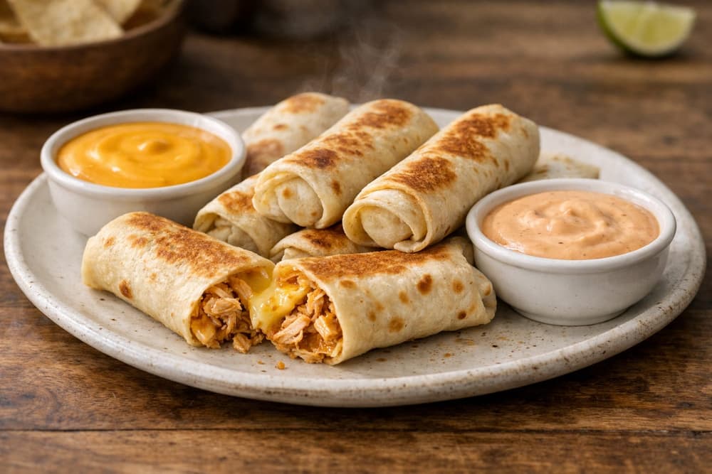 Small grilled burritos on a plate, one cut open to show chicken and melted cheese, with nacho cheese and chipotle dips