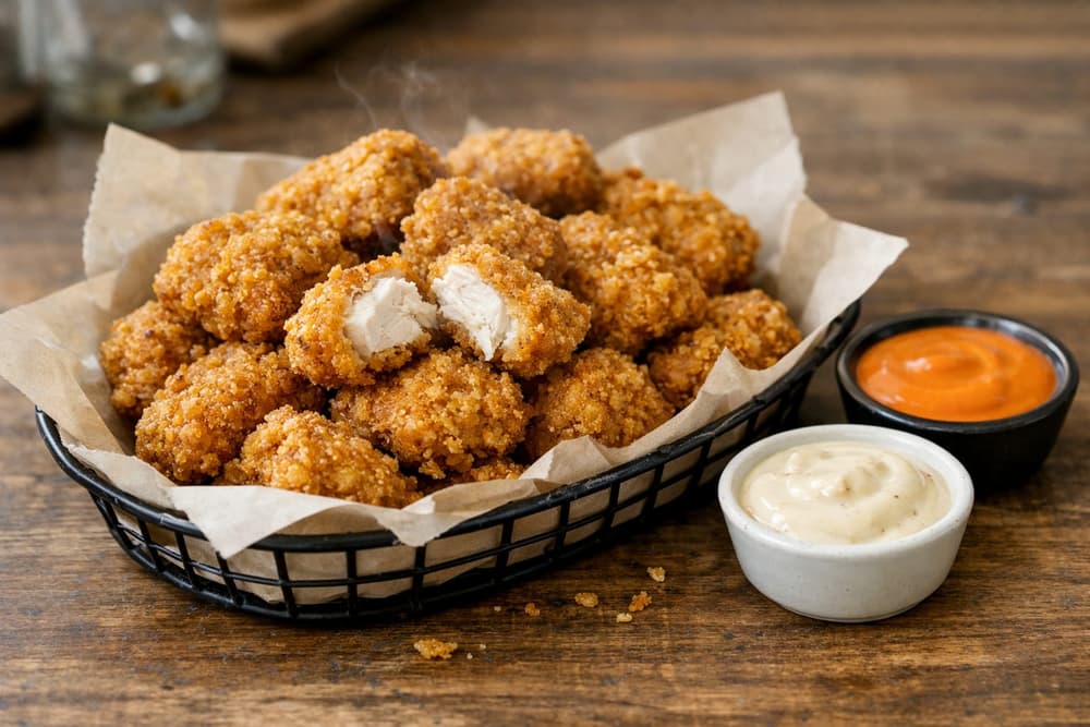Crispy chicken nuggets with a tortilla chip crust in a paper-lined basket, one broken open, two dipping sauces beside