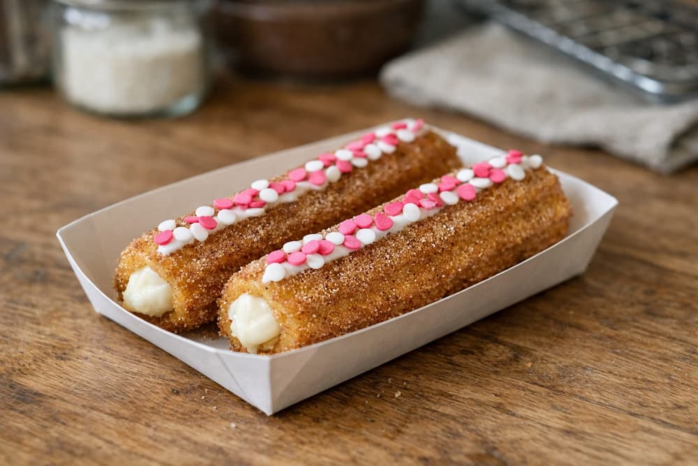 Two cinnamon sugar churros in a paper tray, filled with white frosting and topped with pink and white confetti sprinkles