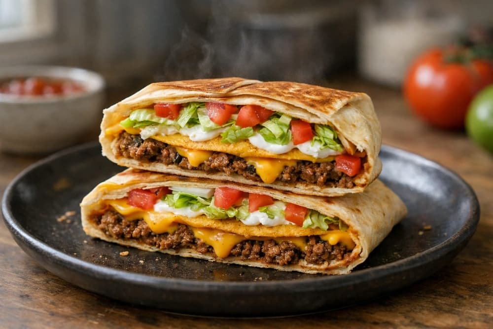 A grilled Crunchwrap cut in half and stacked, showing seasoned beef, nacho cheese, a tostada, sour cream, lettuce and tomato