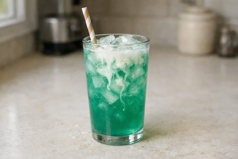 A tall glass of teal Baja Blast over ice with white vanilla creamer swirling down through it and a striped straw