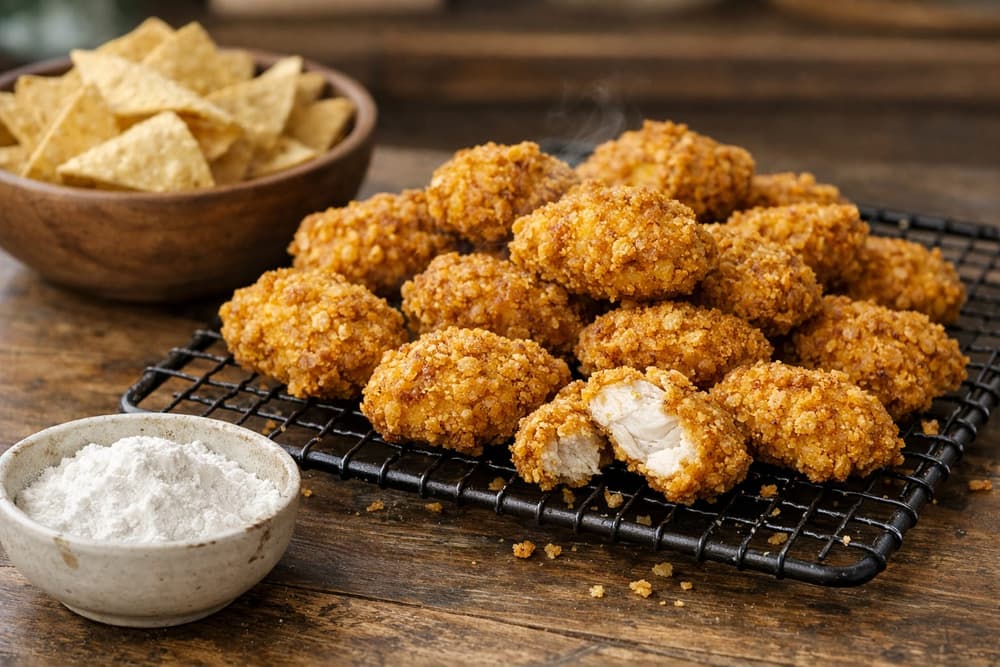 Chicken nuggets in a tortilla chip crust on a rack, one broken open, with a bowl of corn chips and a dish of rice flour