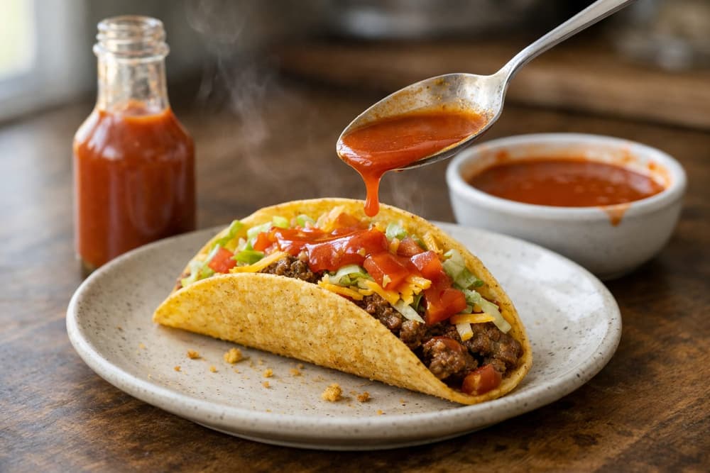 A bottle and a bowl of red taco sauce, a spoon drizzling the sauce over a crunchy beef taco on a plate