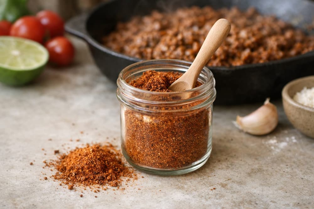 A glass jar of rust-red taco seasoning with a wooden spoon, some spilled on the counter, a skillet of seasoned beef behind