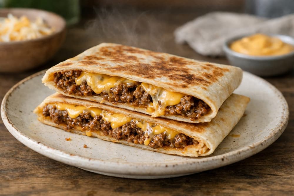 A grilled folded tortilla cut in half and stacked, seasoned beef and melted cheese showing, nacho cheese sauce behind