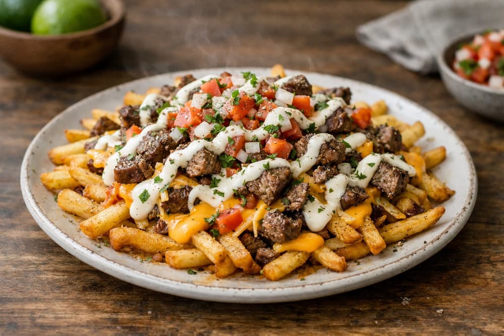 A plate of seasoned fries topped with seared steak pieces, nacho cheese, cheddar, pico de gallo and a creamy garlic sauce