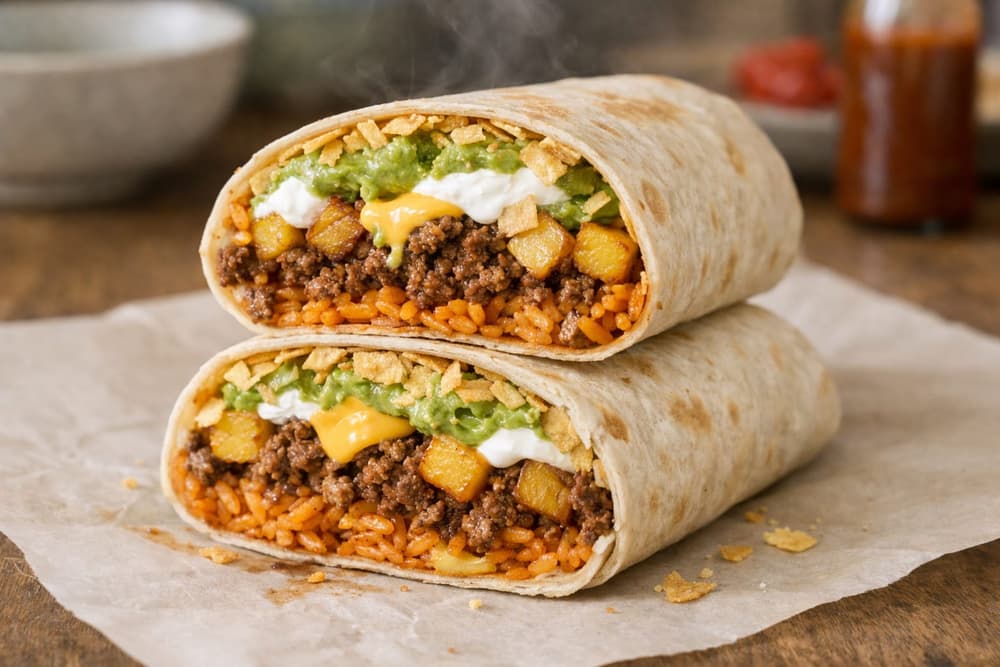 A burrito cut in half, filled with seasoned beef, orange rice, diced potatoes, nacho cheese, guacamole and sour cream