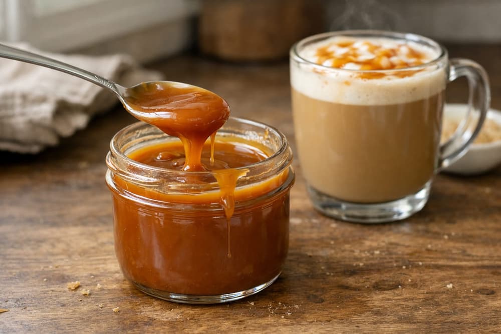 A glass jar of amber caramel sauce with a spoon lifting a ribbon of it, a caramel latte in a glass mug behind