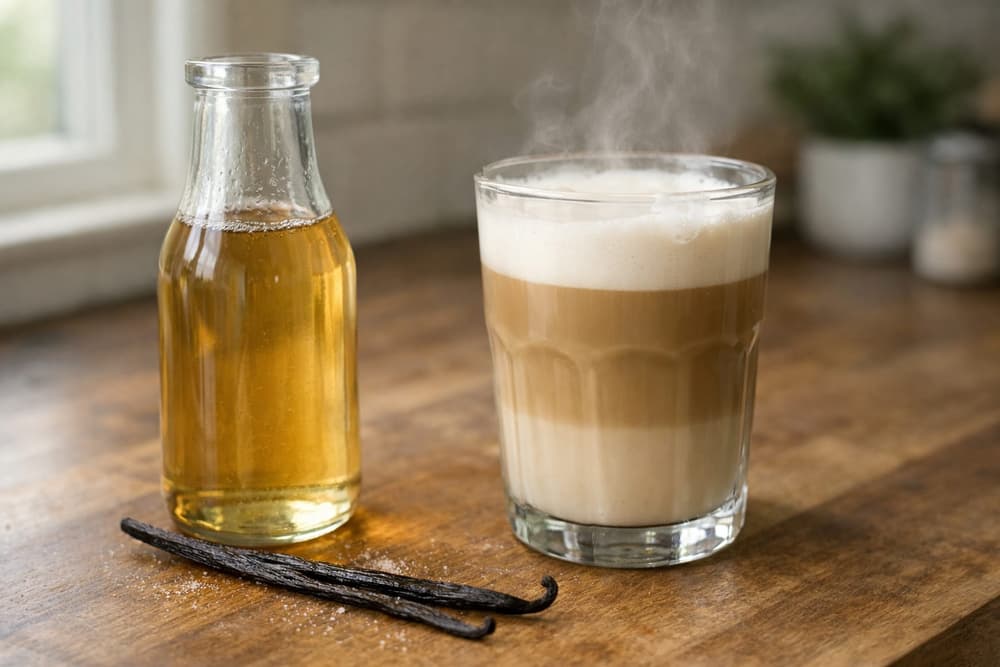 A glass bottle of pale amber vanilla syrup beside a latte in a glass, with two vanilla beans in front