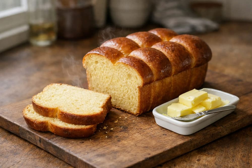 A golden brioche loaf on a wooden board with two slices cut to show the soft yellow crumb, a dish of butter beside it