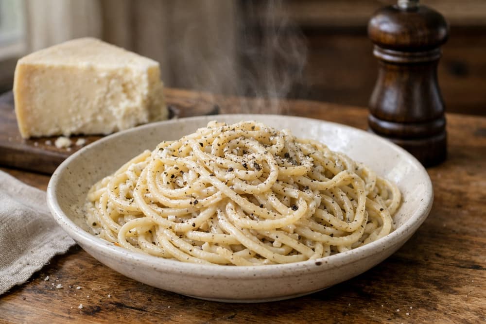 A shallow bowl of spaghetti cacio e pepe in a creamy pecorino sauce with black pepper, cheese and a pepper mill behind