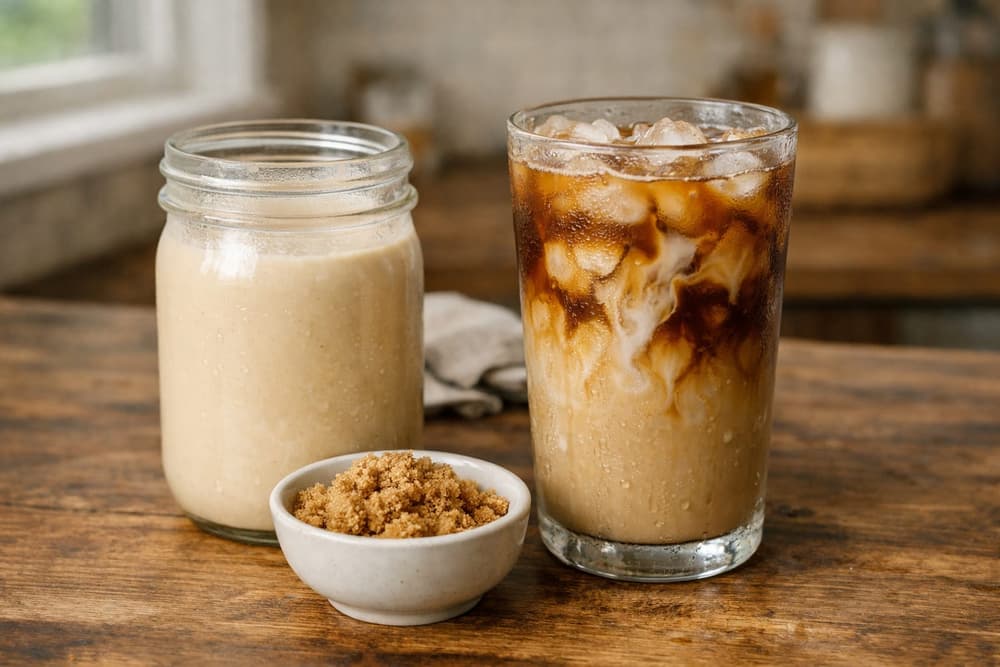 A jar of brown sugar oat creamer beside a glass of iced coffee with creamer swirling in it and a bowl of brown sugar