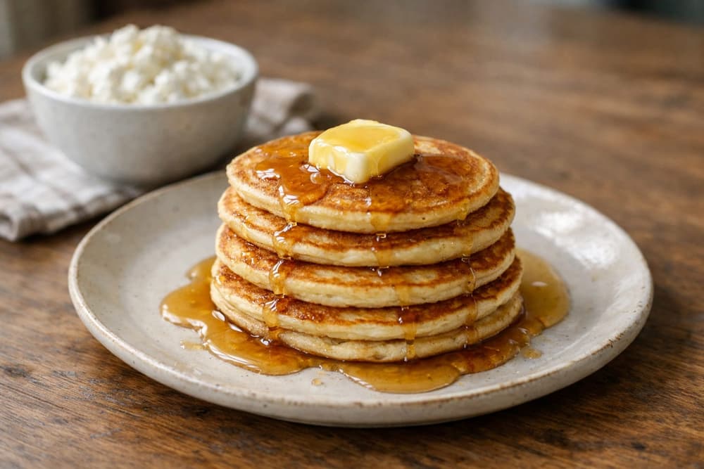 A stack of small golden cottage cheese pancakes with butter and maple syrup on a plate, a bowl of cottage cheese behind
