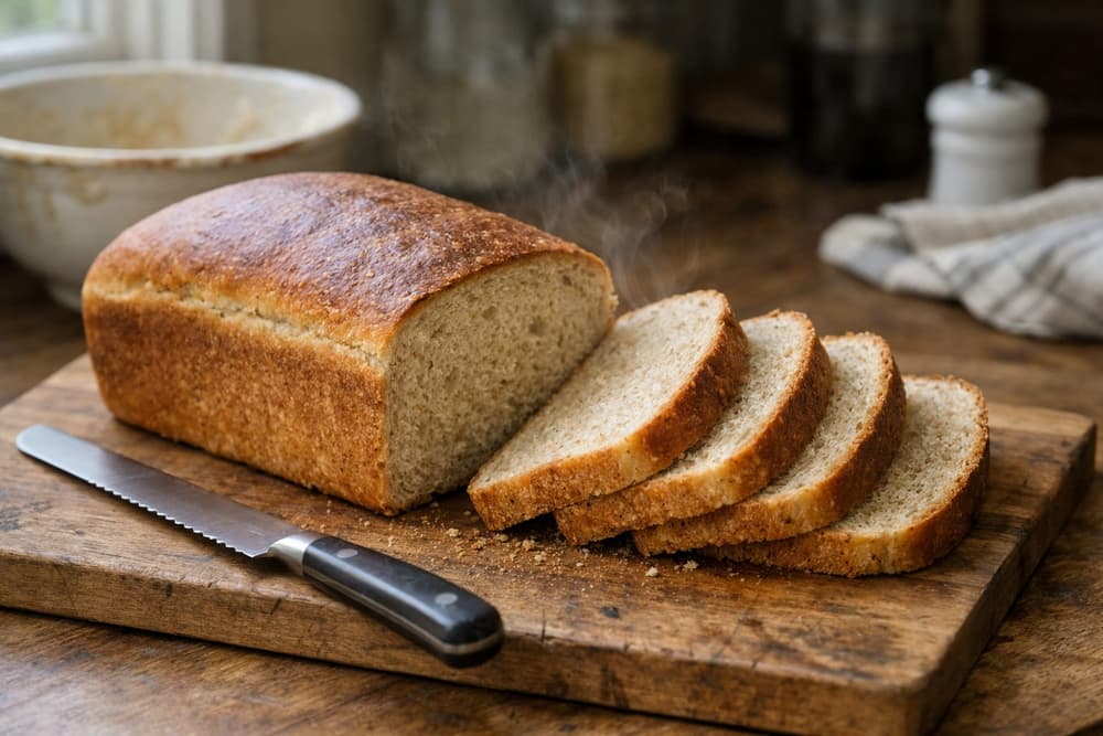 A golden sourdough sandwich loaf on a wooden board with four slices cut from one end and a bread knife beside it