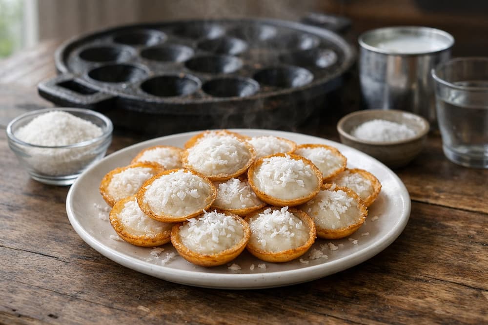 A plate of small round Thai coconut pancakes with crisp golden edges and shredded coconut, a pan with round wells behind