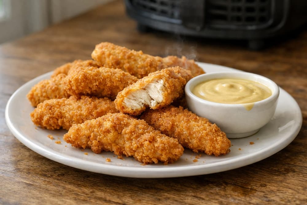 Crispy breaded chicken strips on a white plate with a bowl of honey mustard sauce, one strip broken open