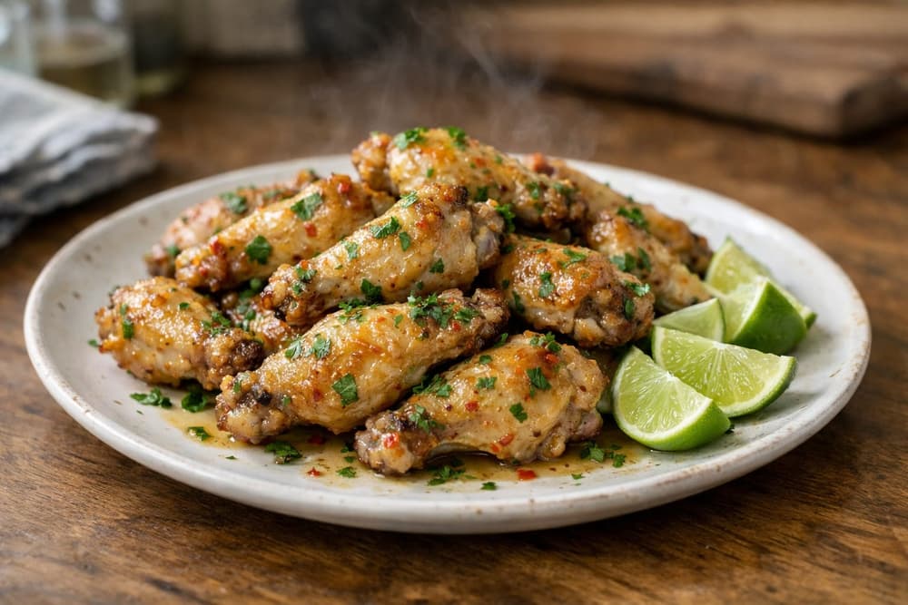 A plate of baked chicken wings in a tequila lime glaze with chopped cilantro and red pepper flakes, lime wedges beside them