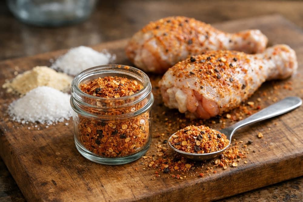 A small jar of orange-red chicken seasoning with pepper flakes, a spoonful beside it and two seasoned raw drumsticks behind