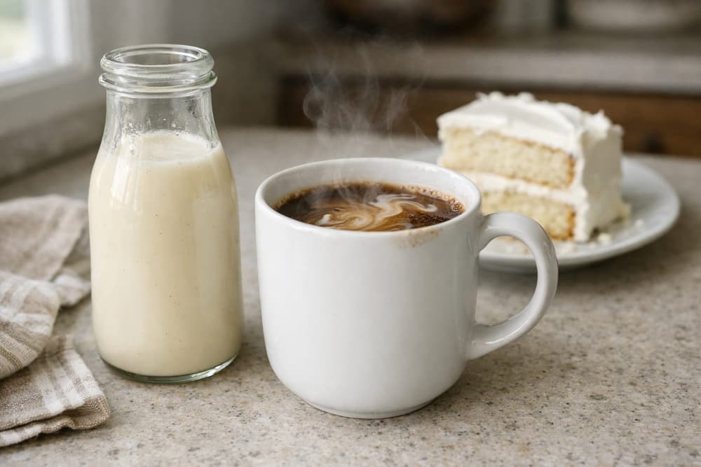 A bottle of off-white coffee creamer beside a mug of coffee with creamer swirled in, a slice of white frosted cake behind