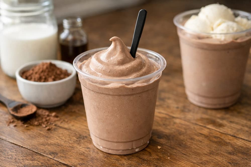 A thick light chocolate Frosty in a clear cup with a spoon standing in it, a second cup and a bowl of cocoa behind