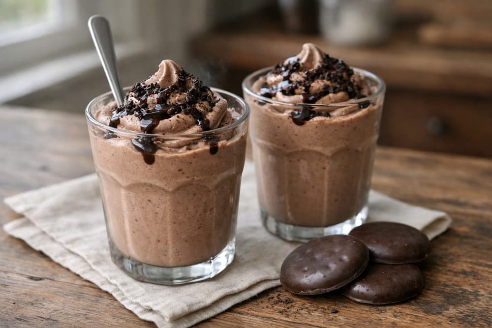 Two glasses of thick chocolate Frosty topped with chocolate sauce and cookie crumbs, three mint chocolate cookies beside them
