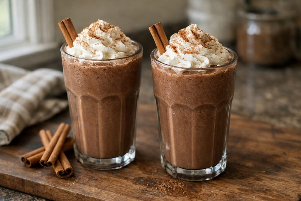Two glasses of chocolate cinnamon milkshake topped with whipped cream and ground cinnamon, cinnamon sticks beside them