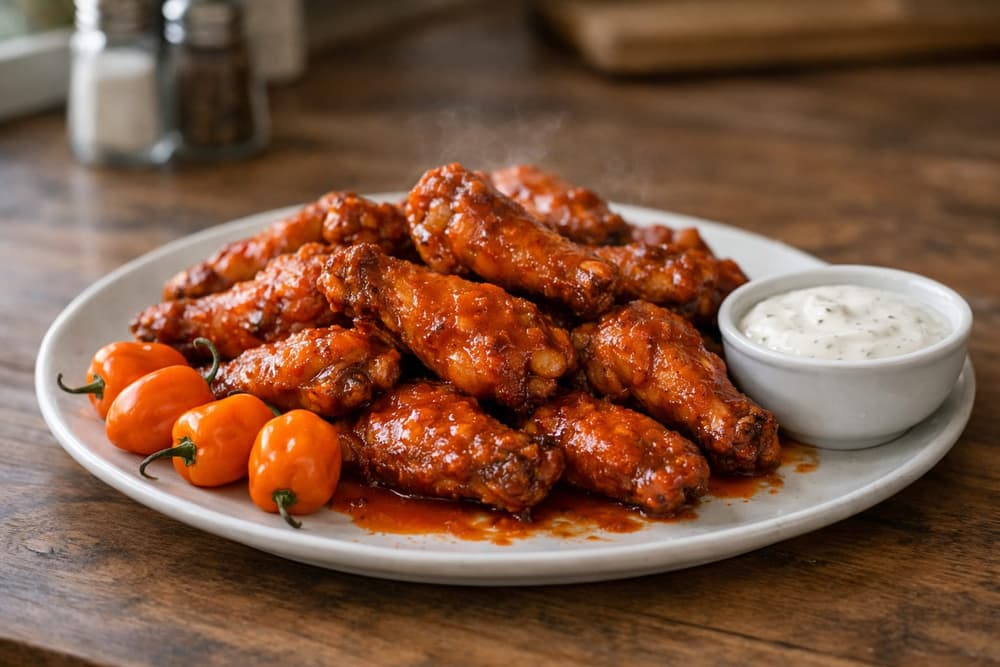 A plate of chicken wings in a glossy red habanero sauce with whole orange habaneros and a small bowl of ranch dressing