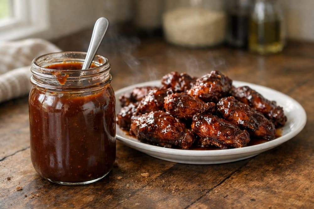 A jar of dark hickory barbecue sauce with a spoon in it, beside a plate of chicken wings coated in the same sauce
