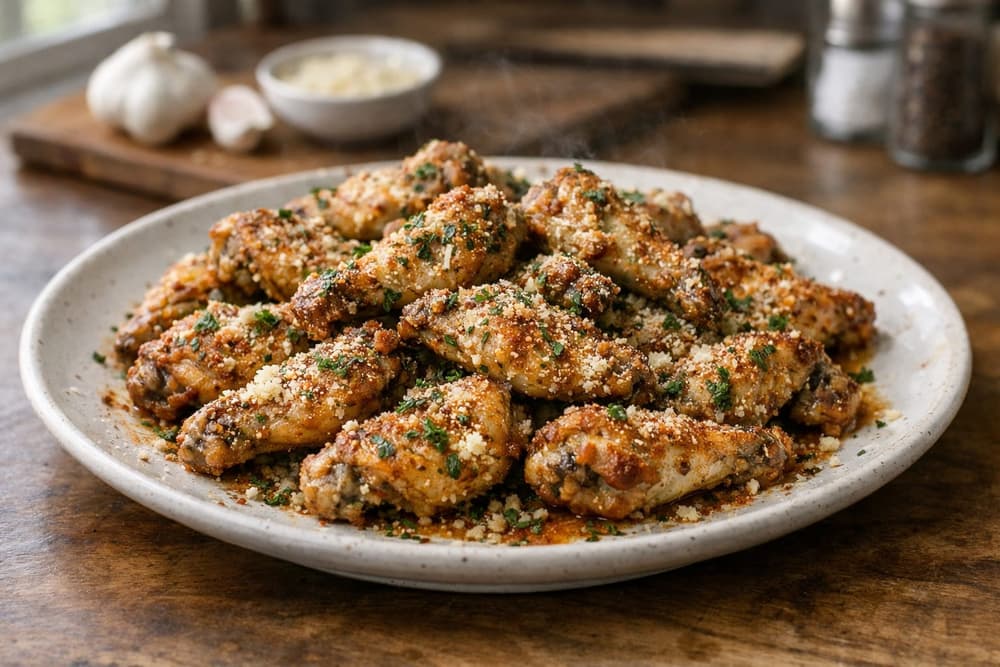 A plate of crisp chicken wings coated in garlic butter, grated Parmesan, parsley and Cajun seasoning, garlic bulbs behind