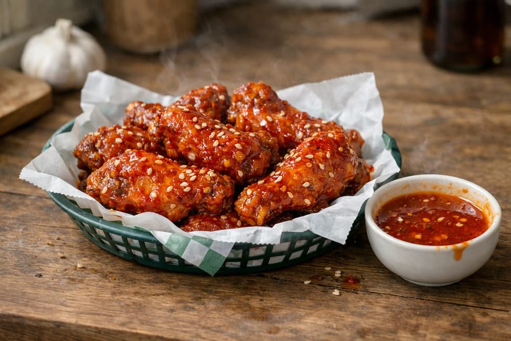 A basket of chicken wings in a glossy red sweet chili glaze sprinkled with sesame seeds, a bowl of extra glaze beside it