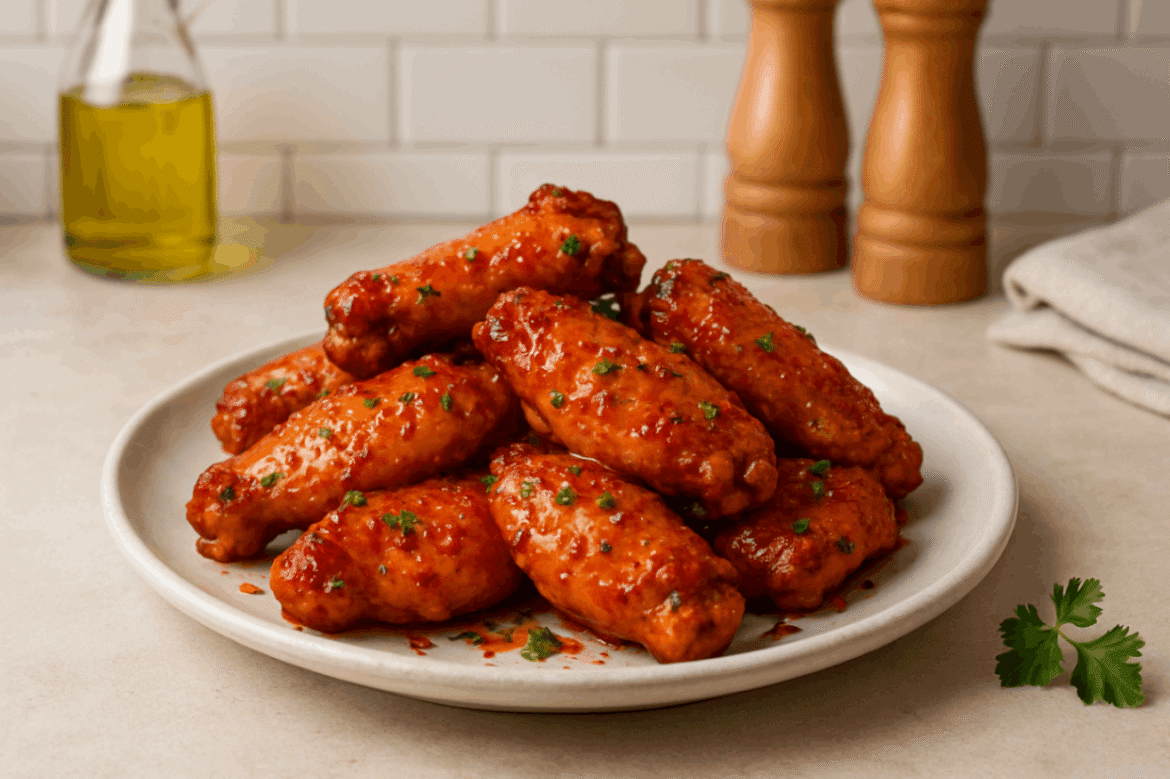 Crispy chicken wings coated in a spicy-sweet hot honey rub, served with dipping sauce and garnished with fresh herbs.