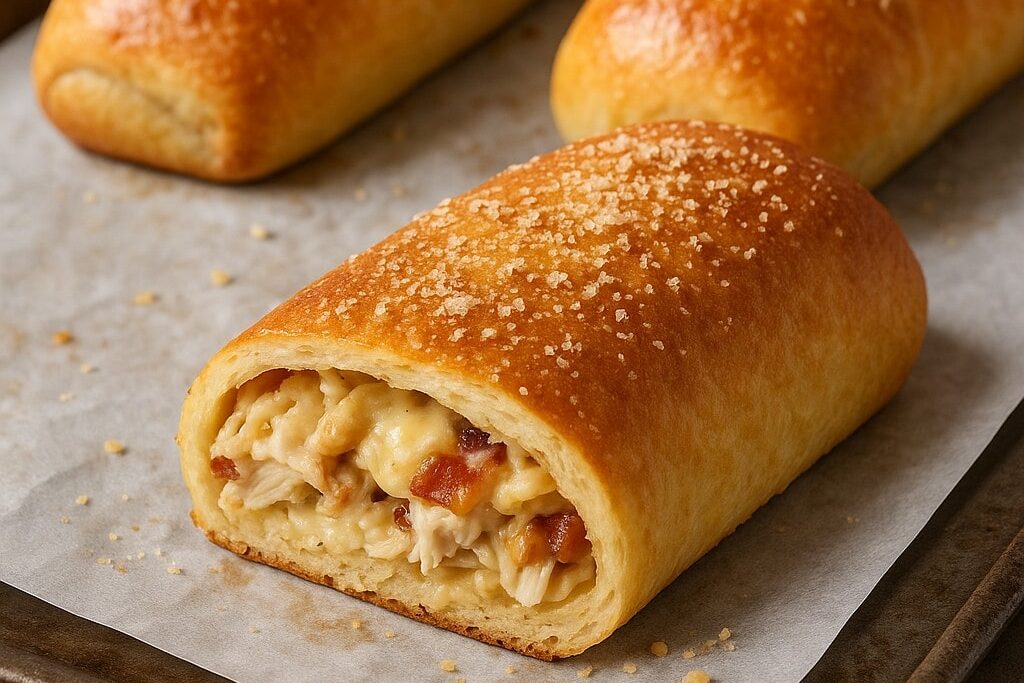 Costco Chicken Bake Recipe-min Golden homemade Costco chicken bake cut open to reveal cheesy chicken and bacon filling.