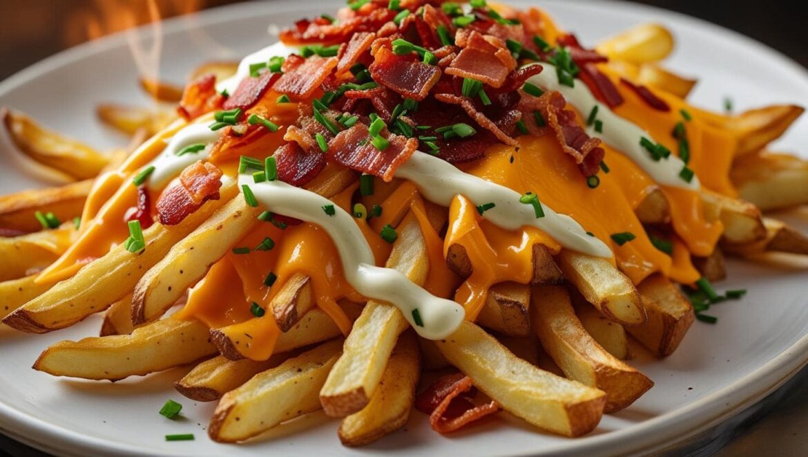 Loaded Fries Recipe-min Loaded fries topped with cheese, bacon, jalapeños, and drizzled sauces.