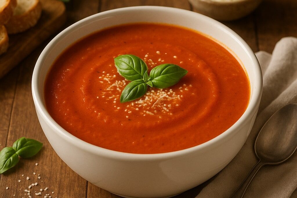 Panera Tomato Soup Recipe-min A warm bowl of creamy tomato soup garnished with fresh basil and grated cheese, served on a rustic wooden table with crusty bread and a spoon.
