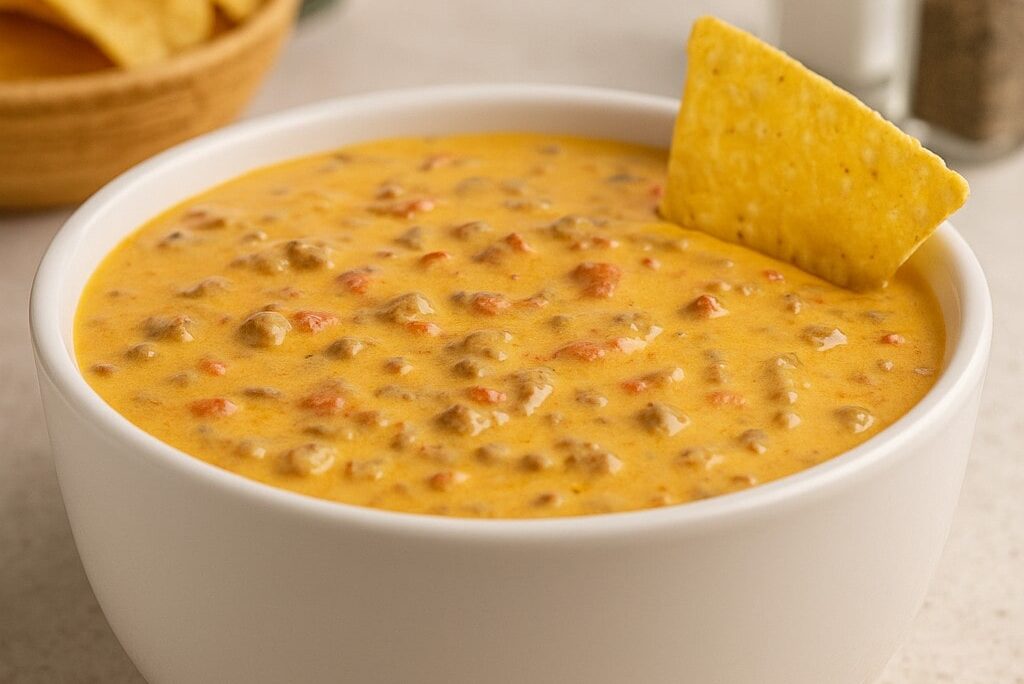 Rotel Dip Recipe-min A bowl of creamy Rotel Dip made with melted Velveeta cheese, ground beef, and diced tomatoes, served with tortilla chips in a cozy kitchen setting.