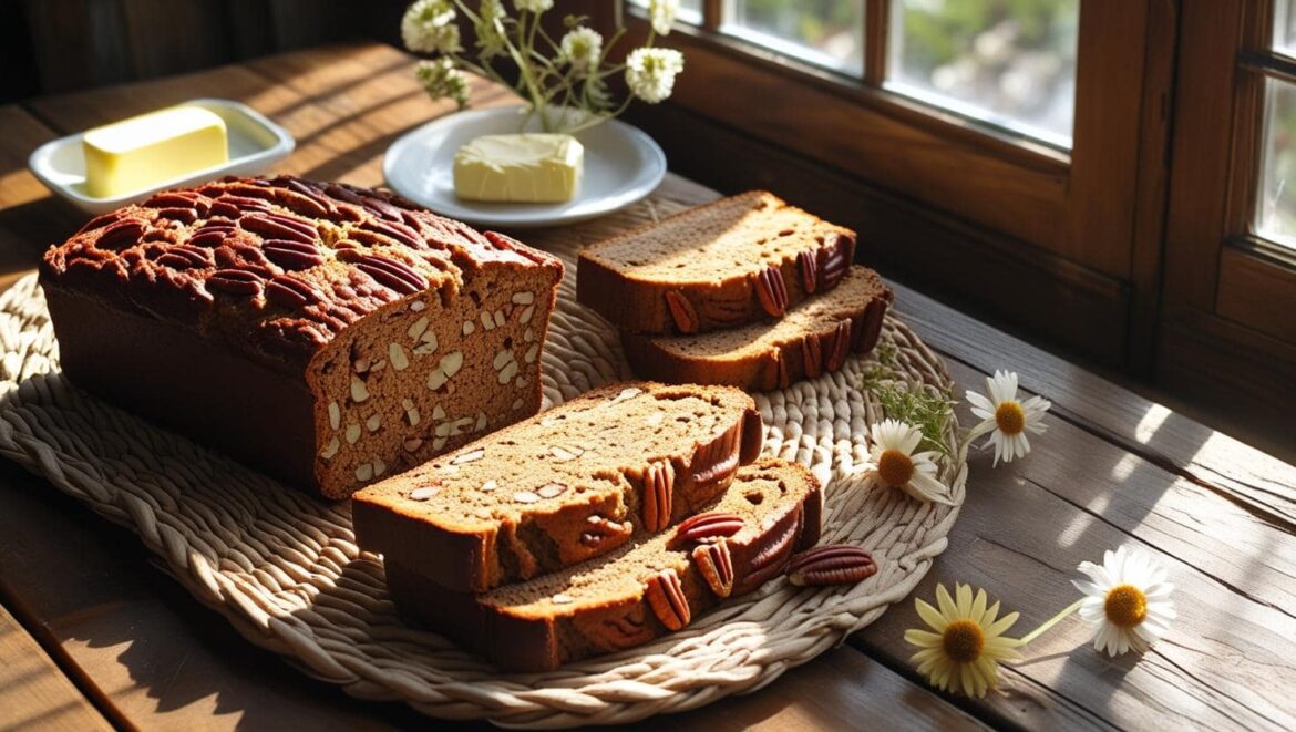 Sweet Alabama Pecan Bread-min A close-up of freshly baked Sweet Alabama Pecan Bread cut into squares, showing a moist texture and studded with crunchy pecans on top.