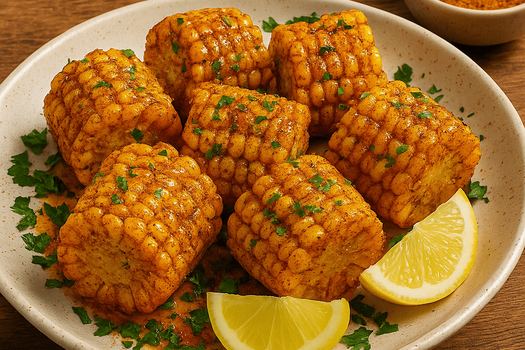 Wingstop Corn Recipe-min A plate of golden, crispy Wingstop-style Cajun corn rounds garnished with fresh parsley and lemon wedges, served on a rustic wooden table.