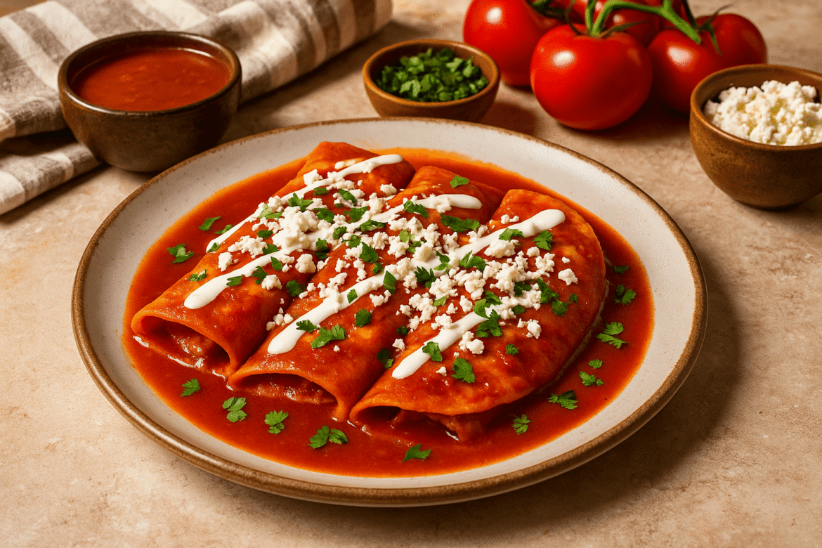 Authentic Mexican entomatadas topped with queso fresco, crema, and fresh cilantro on a rustic plate in a cozy kitchen setting.