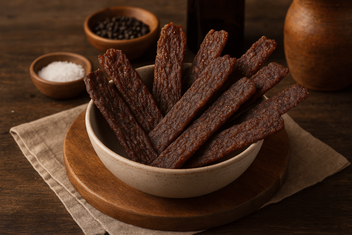 Rustic bowl filled with homemade ground venison jerky strips on a wooden surface in a cozy kitchen setting.