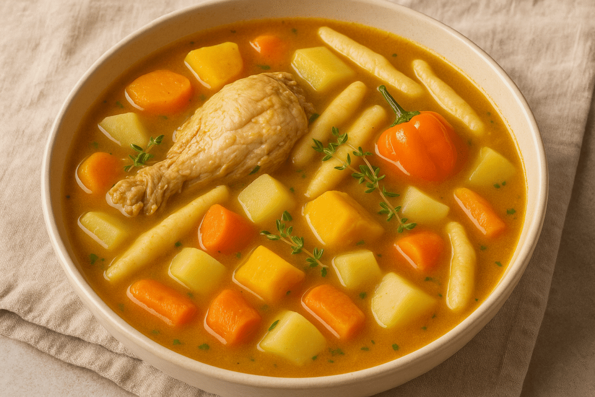 A hearty bowl of Jamaican chicken soup with chicken drumstick, root vegetables, spinners, and a whole Scotch bonnet pepper in a golden broth.