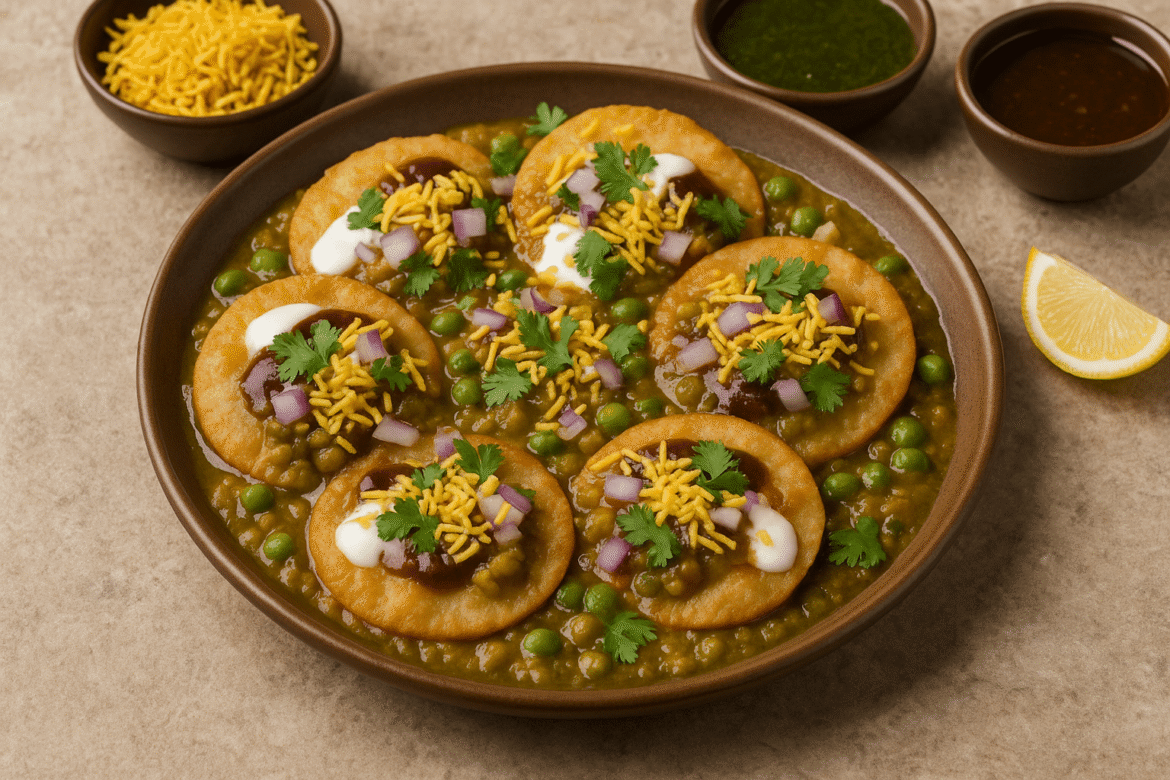 Masala Puri Recipe topped with spicy green pea curry, onions, sev, chutneys, and yogurt served on a rustic plate.