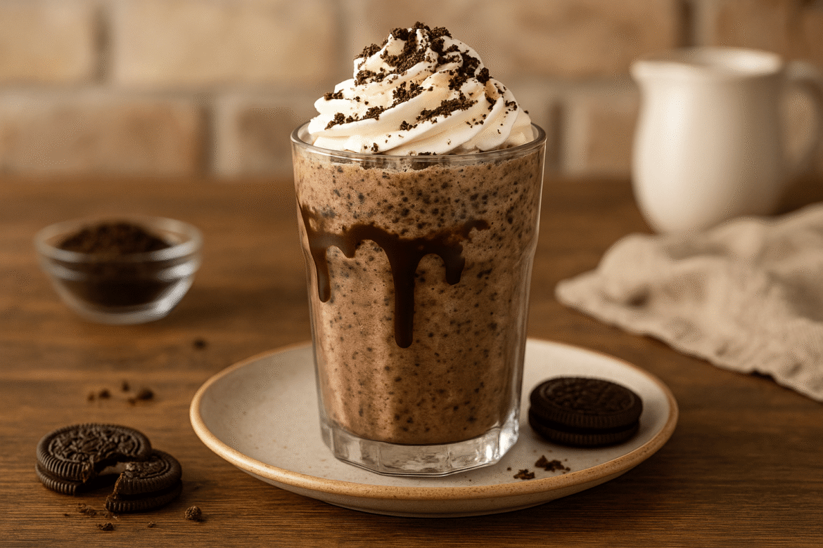 Homemade Mocha Cookie Crumble Frappuccino topped with whipped cream, chocolate drizzle, and cookie crumbles in a cozy kitchen setting