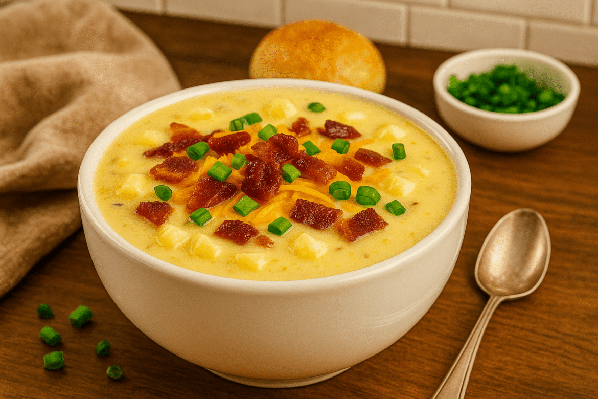 A creamy bowl of O’Charley’s potato soup topped with crispy bacon, shredded cheddar cheese, and fresh green onions, served on a rustic wooden table with a dinner roll and kitchen background.