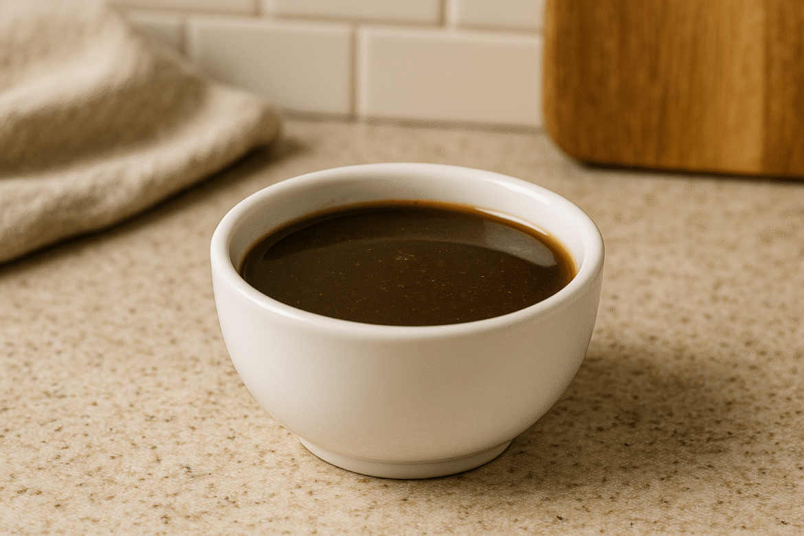 A small white ceramic bowl filled with rich, dark brown Zip Sauce on a light kitchen countertop with a blurred aesthetic background.