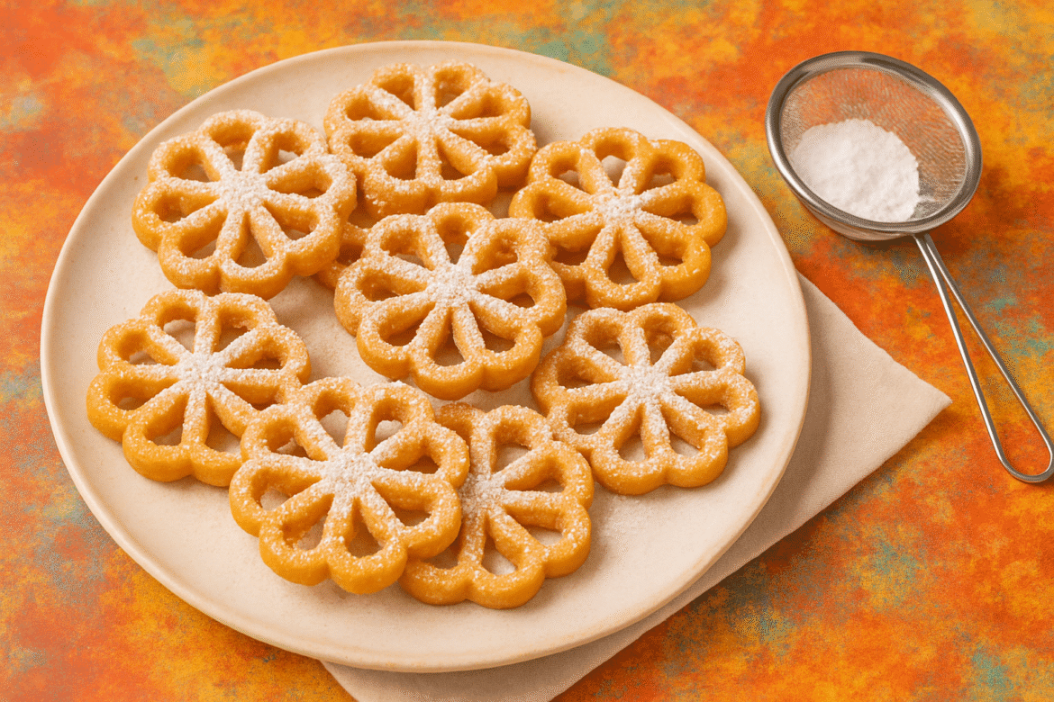 Freshly made rosette cookies dusted with powdered sugar on a plate – Rosette Cookie Recipe