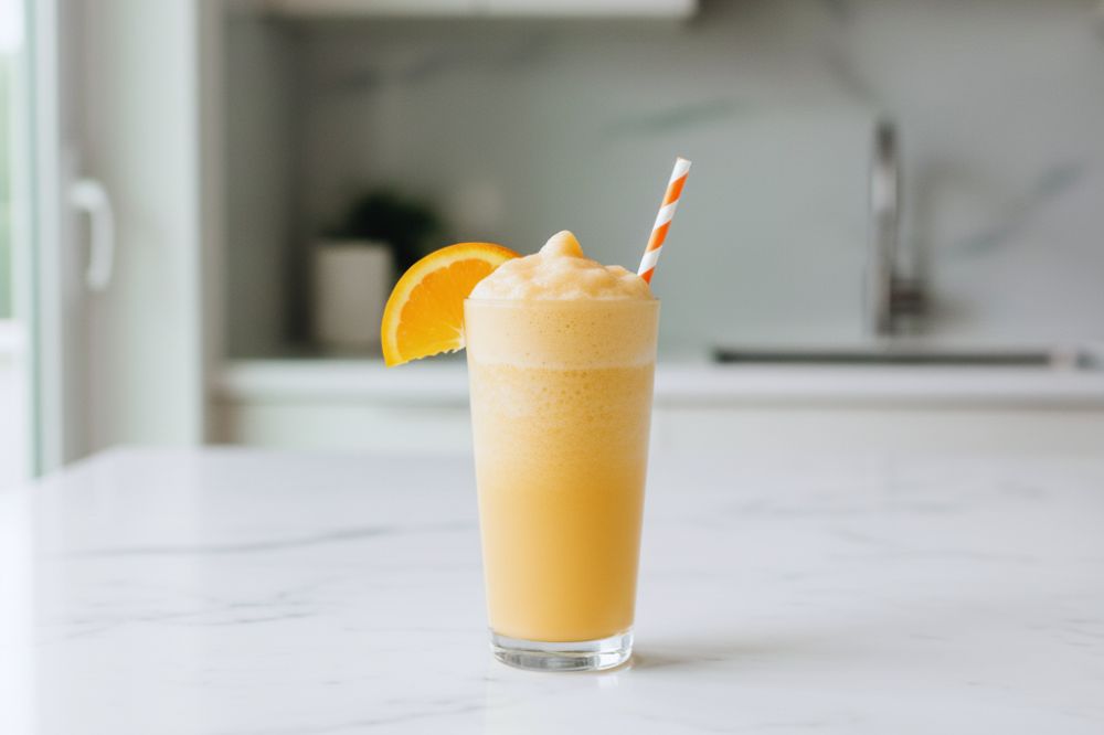 Orange Julius Copycat Recipe A tall glass of frothy, creamy Orange Julius topped with foam and garnished with an orange slice and straw, set on a clean countertop.